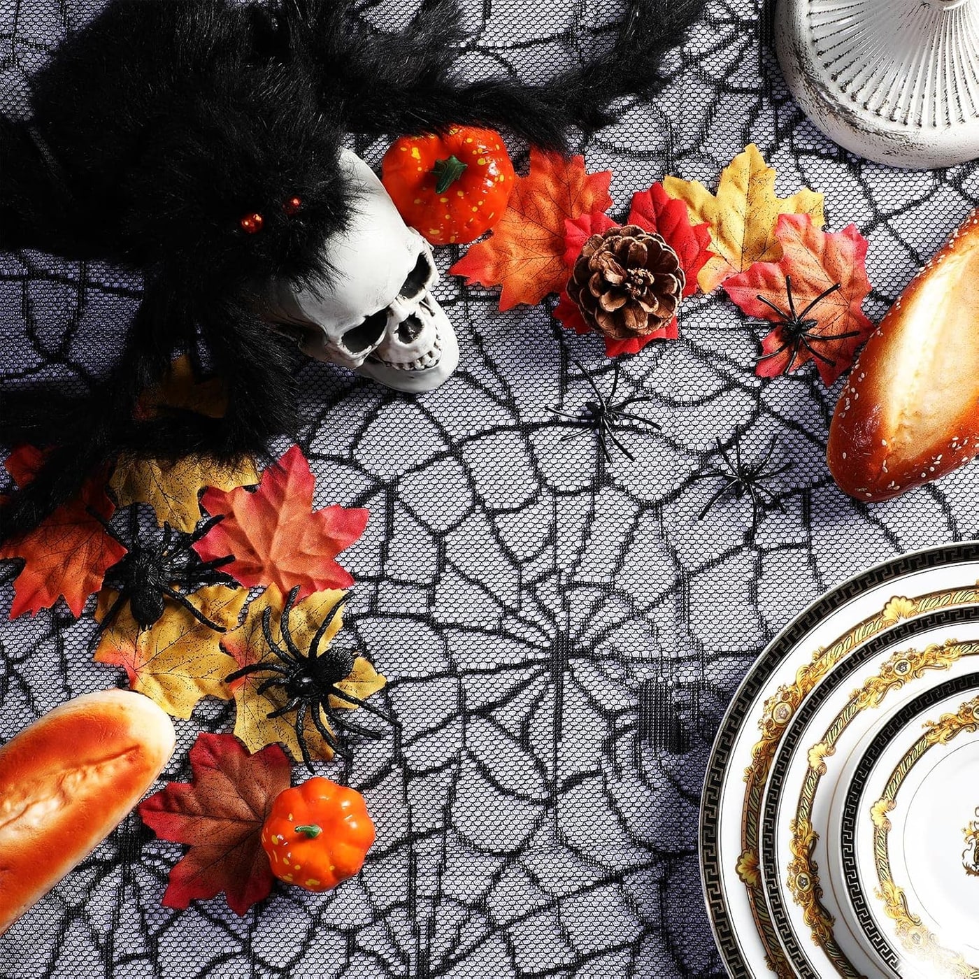 Black Lace Spider Web Tablecloth, Gothic Halloween - Photo 3