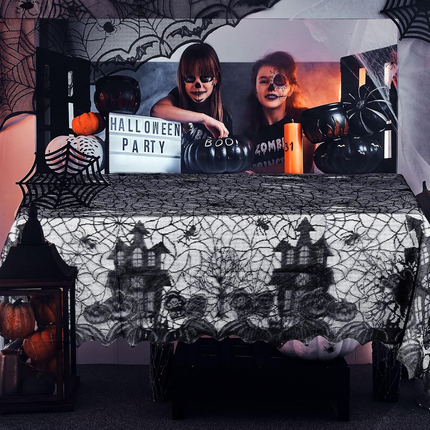 Black Lace Spider Web Tablecloth, Gothic Halloween - Photo 4
