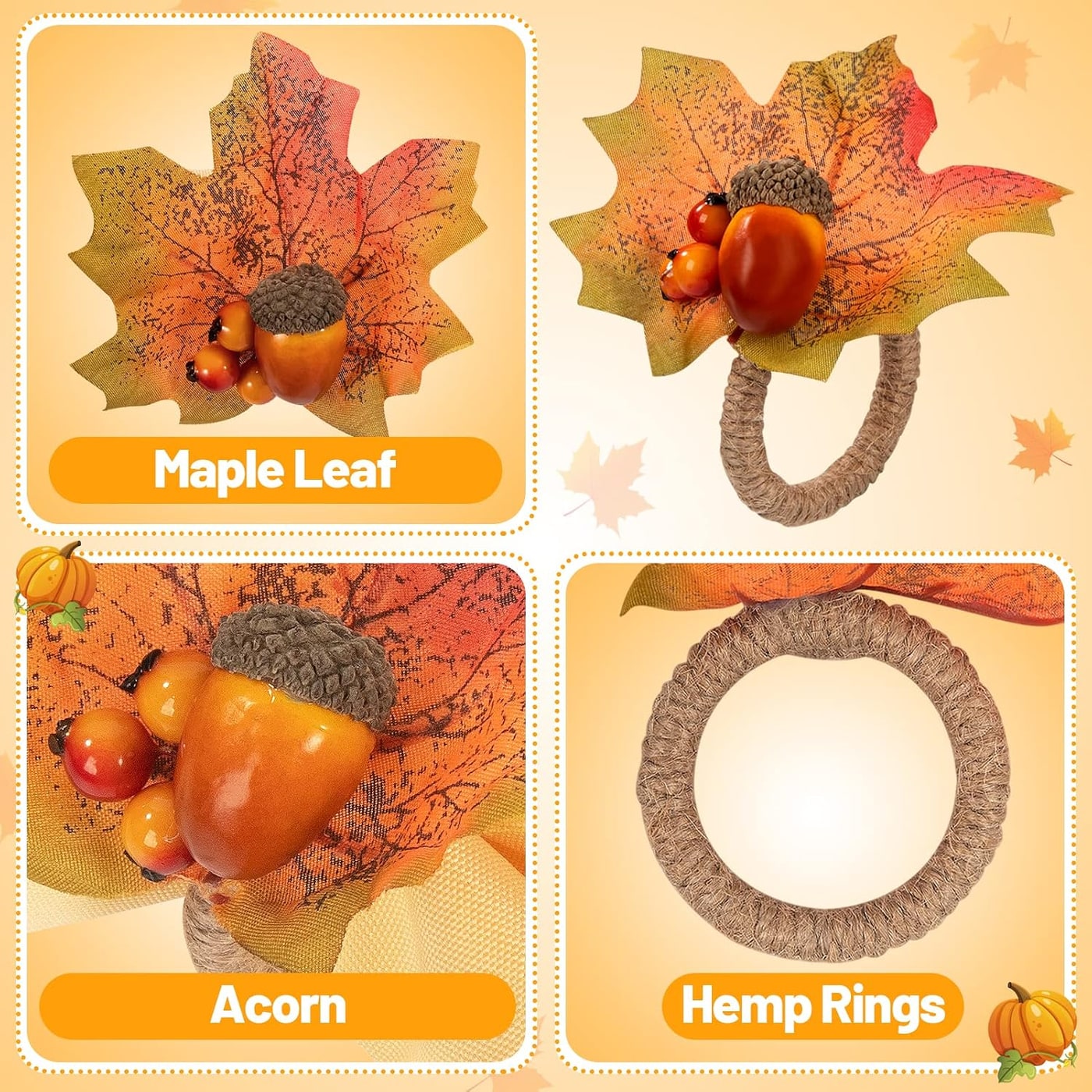 Harvest Acorn & Maple Leaf Napkin Rings, Set of 12 - Photo 2