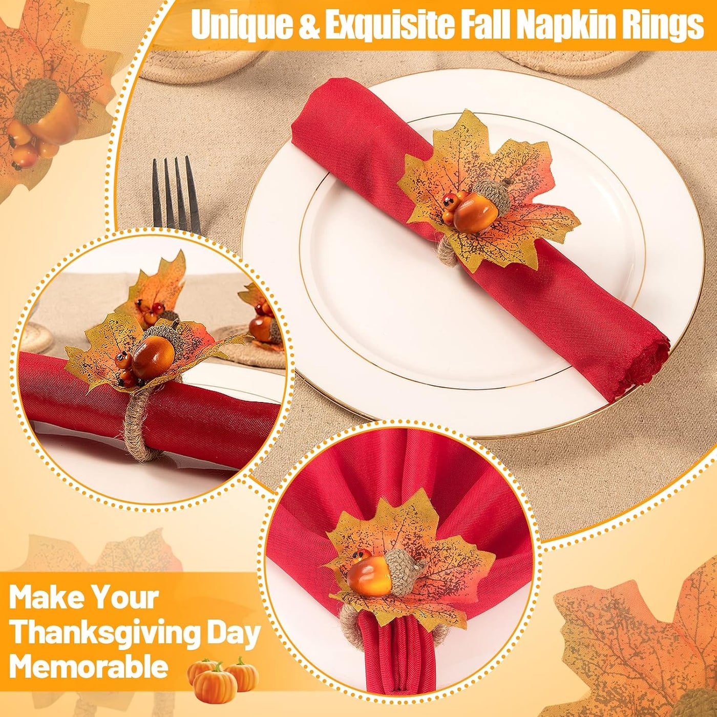 Harvest Acorn & Maple Leaf Napkin Rings, Set of 12 - Photo 3