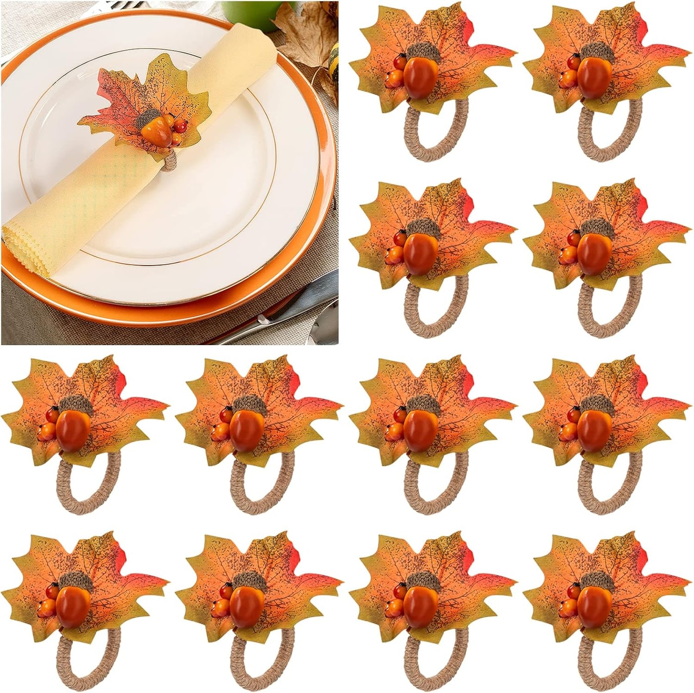 Set of twelve harvest-themed napkin rings with acorn, maple leaves, and berries on a sisal-wrapped ring