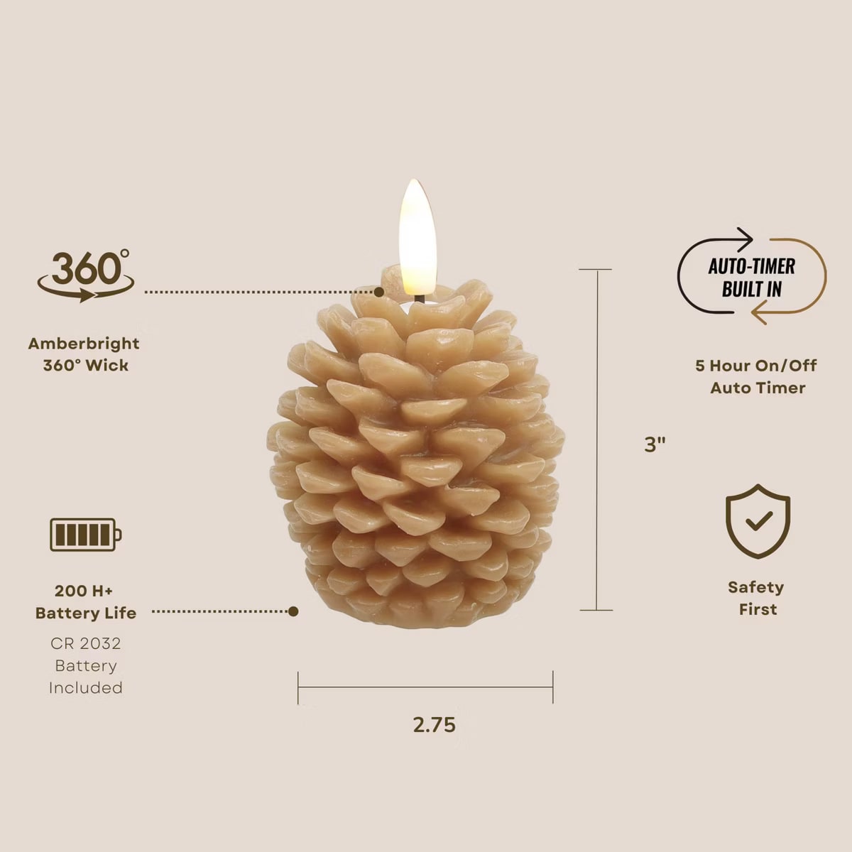 Natural Glow Harvest Flameless Pinecone LED Candles (3-Pack) - Photo 3
