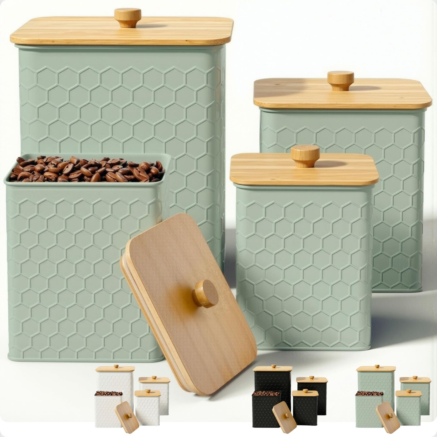 Honeycomb Metal Kitchen Canister Set (4-Piece) - Sage Green