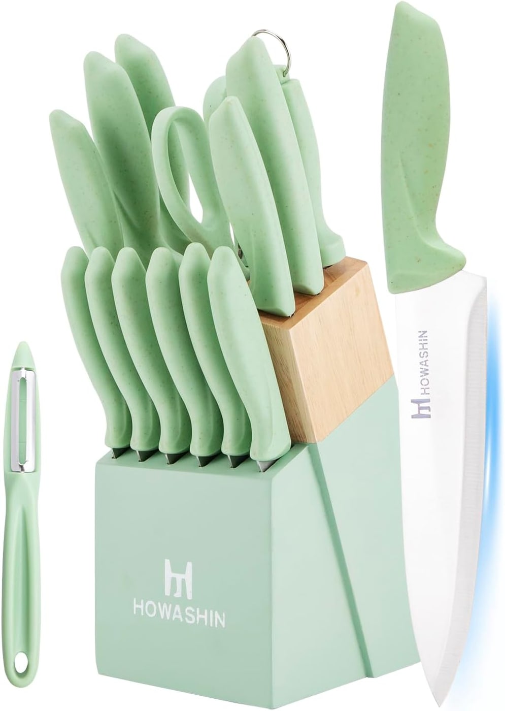 Kitchen Knife Block Set with Built-In Sharpener - Green