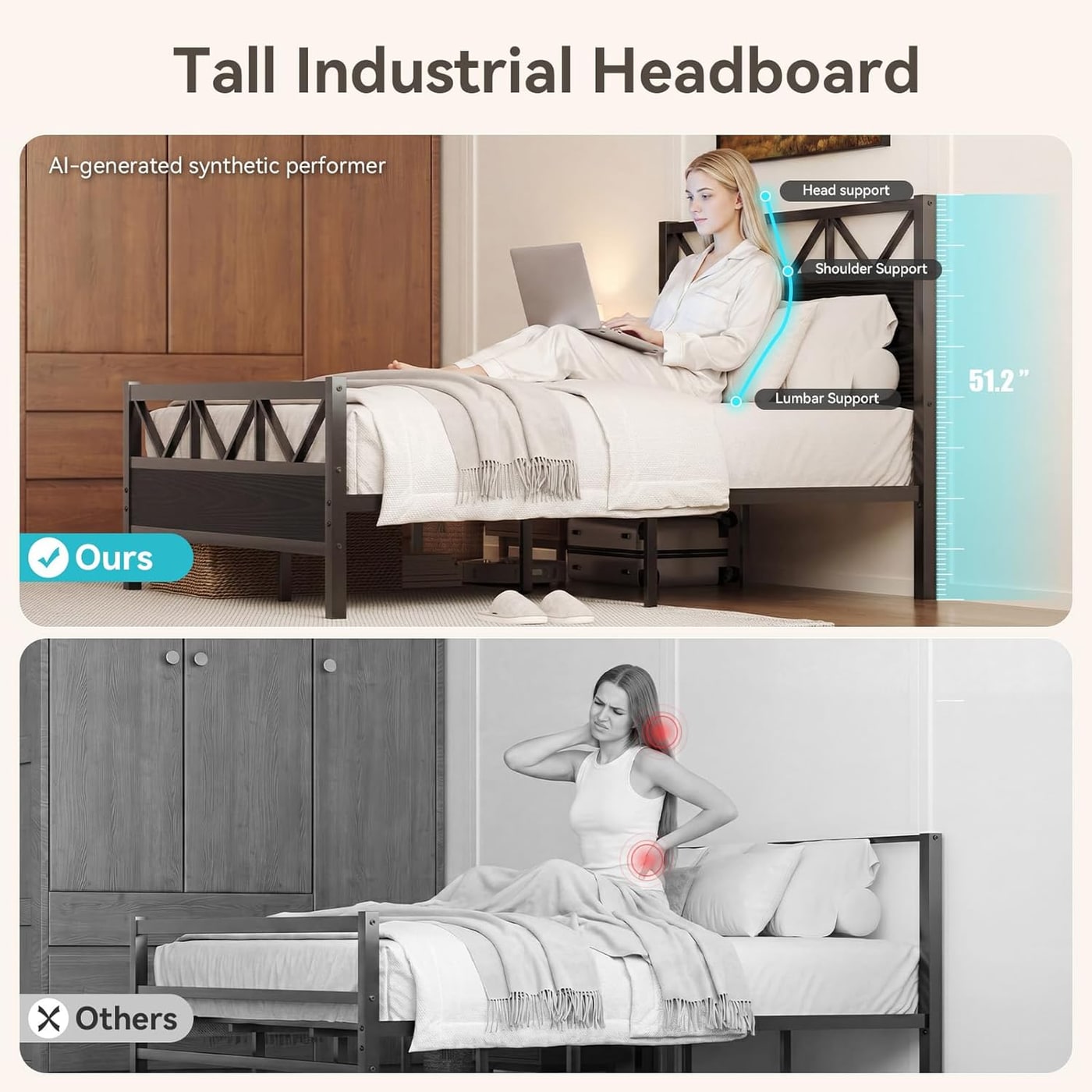 Industrial Metal Bed Frame with 51-Inch Tall Headboard - Photo 2