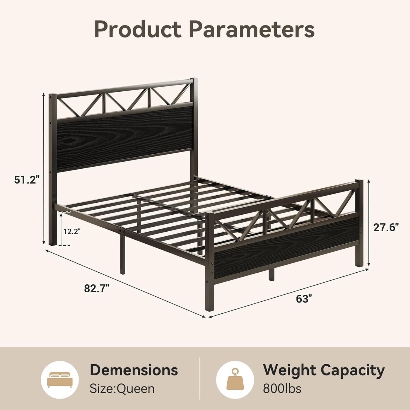 Industrial Metal Bed Frame with 51-Inch Tall Headboard - Black