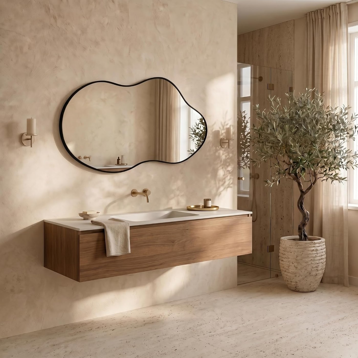 Asymmetrical wall mirror with sculptural, off-kilter aluminum frame in black finish, mounted vertically.