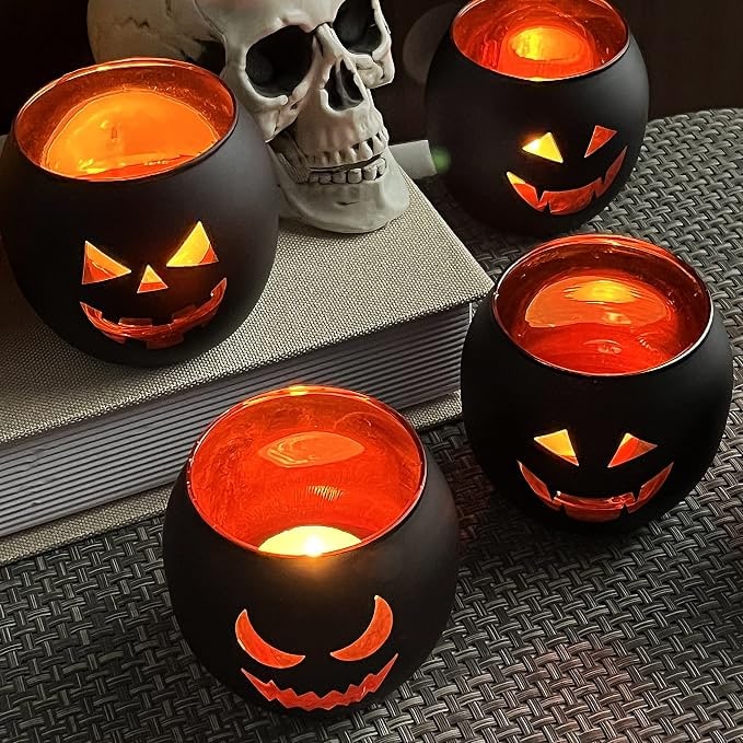 Jack-O-Lantern Glass Votive Candle Holders, Set of 6 - Photo 4