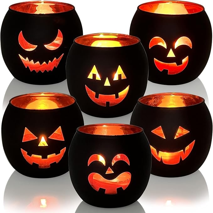 Jack-O-Lantern Glass Votive Candle Holders, Set of 6 - Halloween 1