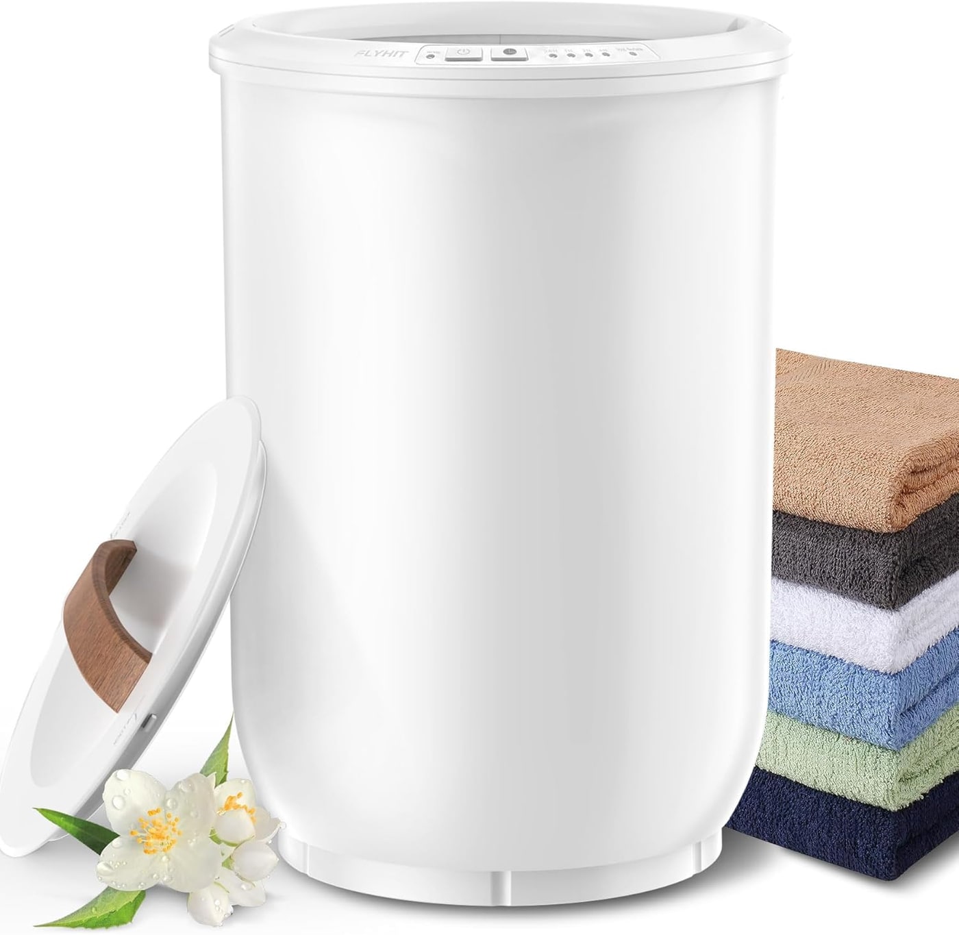 Large freestanding bucket-style towel warmer with wood lid and white matte body, holding two folded towels