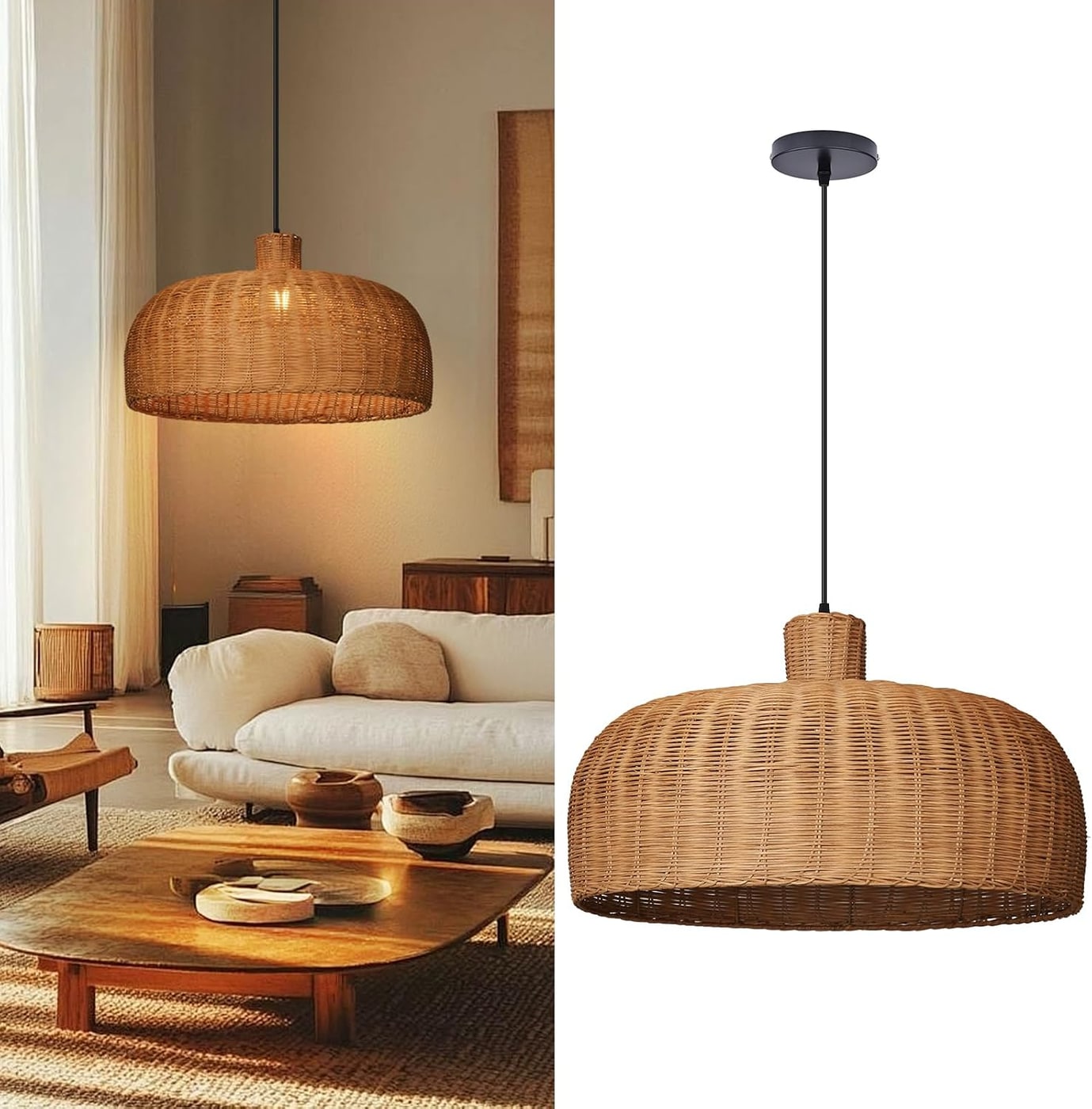 Large Handwoven Rattan Dome Pendant - Photo 4