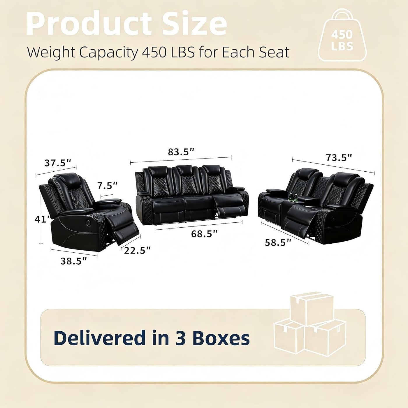 3-Piece Leather Power Recliner Set with LED Lighting - Black