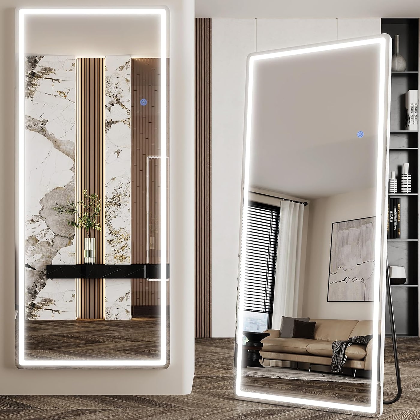Tall white full-length mirror with illuminated frame and touch controls, shown freestanding in a bright room