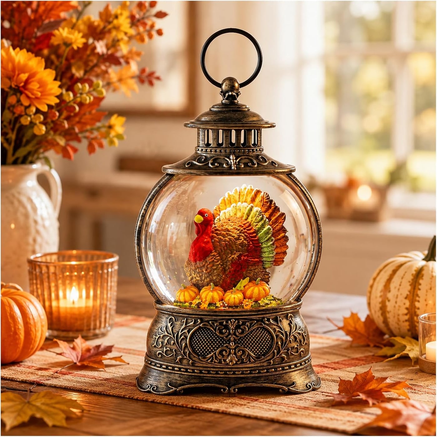 Vintage bronze-style lantern with an illuminated swirling glitter water globe and autumn scene inside