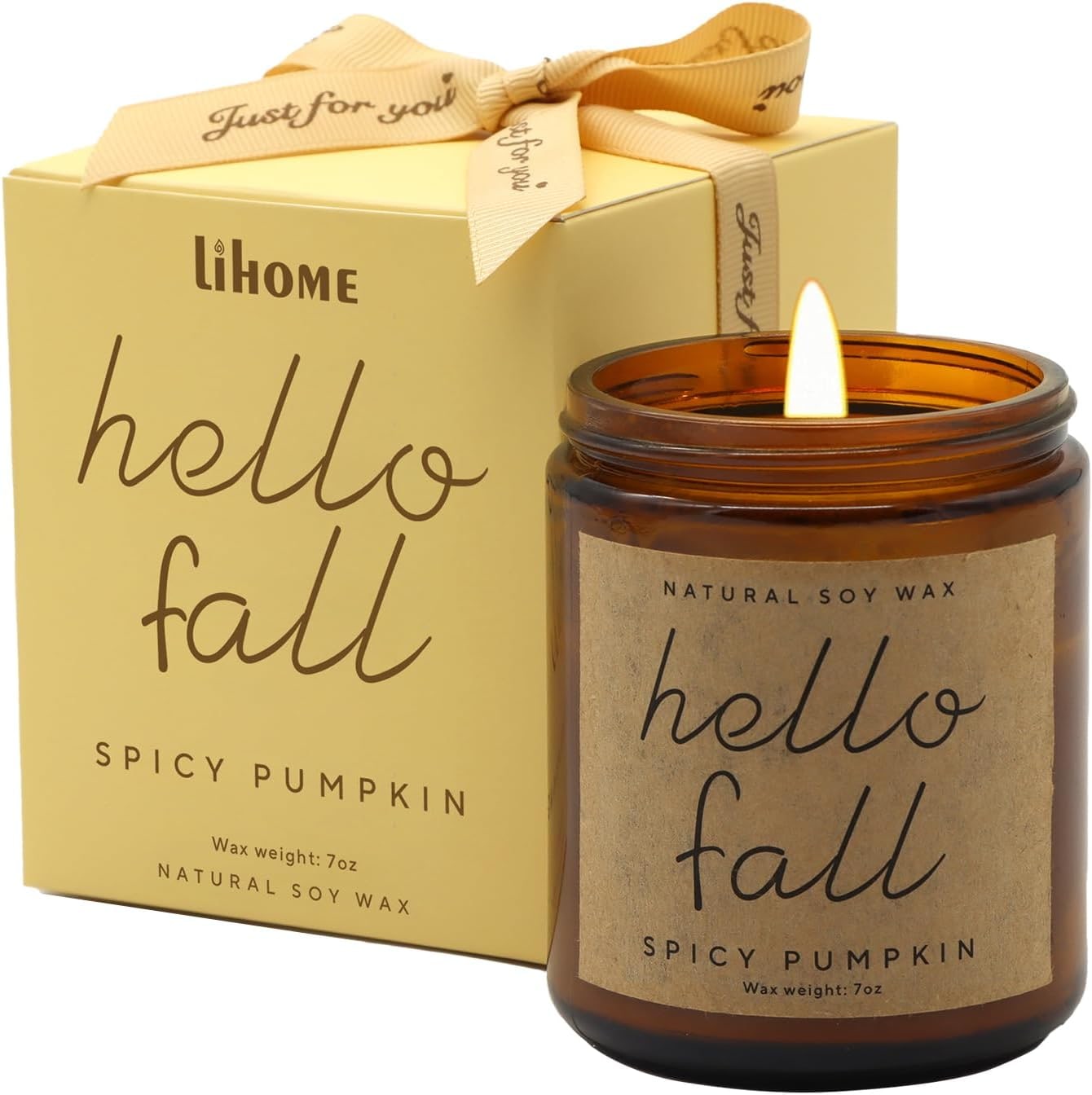 A yellow Lihome soy candle in a glass jar with a fall-themed label, shown on a neutral background.