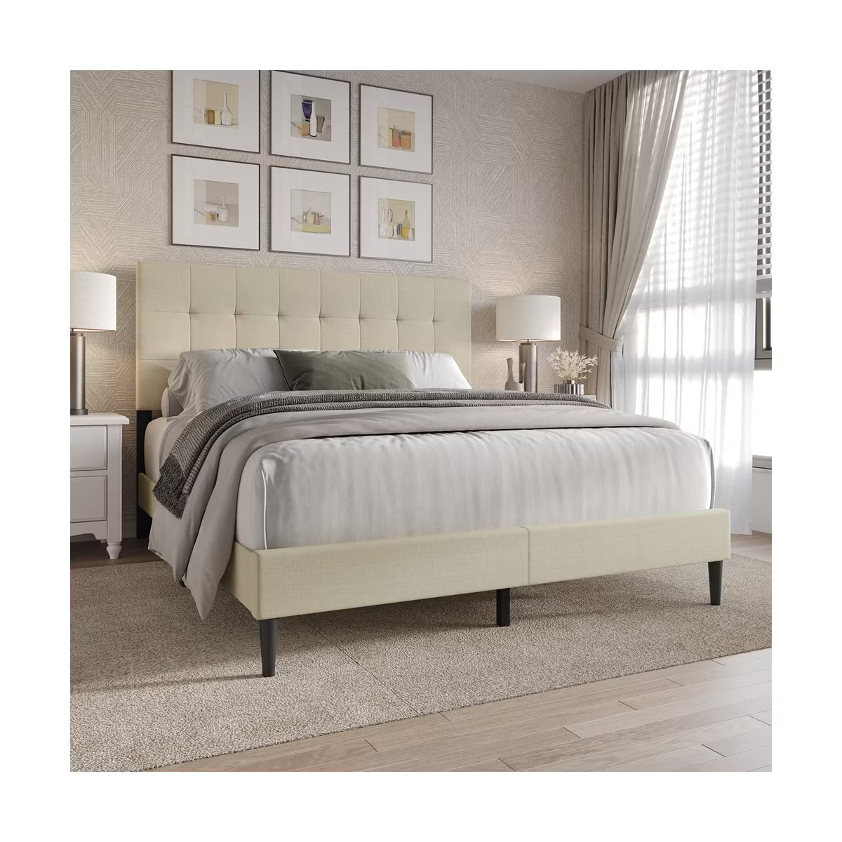 Square-Stitch Linen Platform Bed - Photo 2