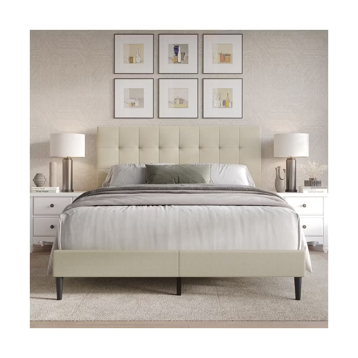 Square-Stitch Linen Platform Bed - Beige Linen
