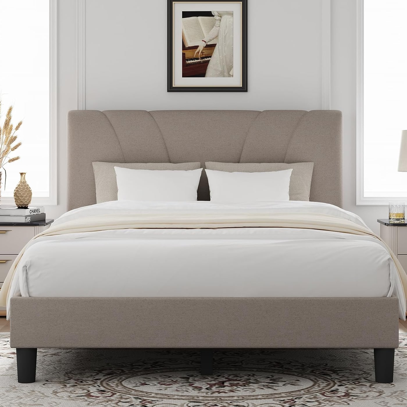 Linen Upholstered Platform Bed with Adjustable Headboard