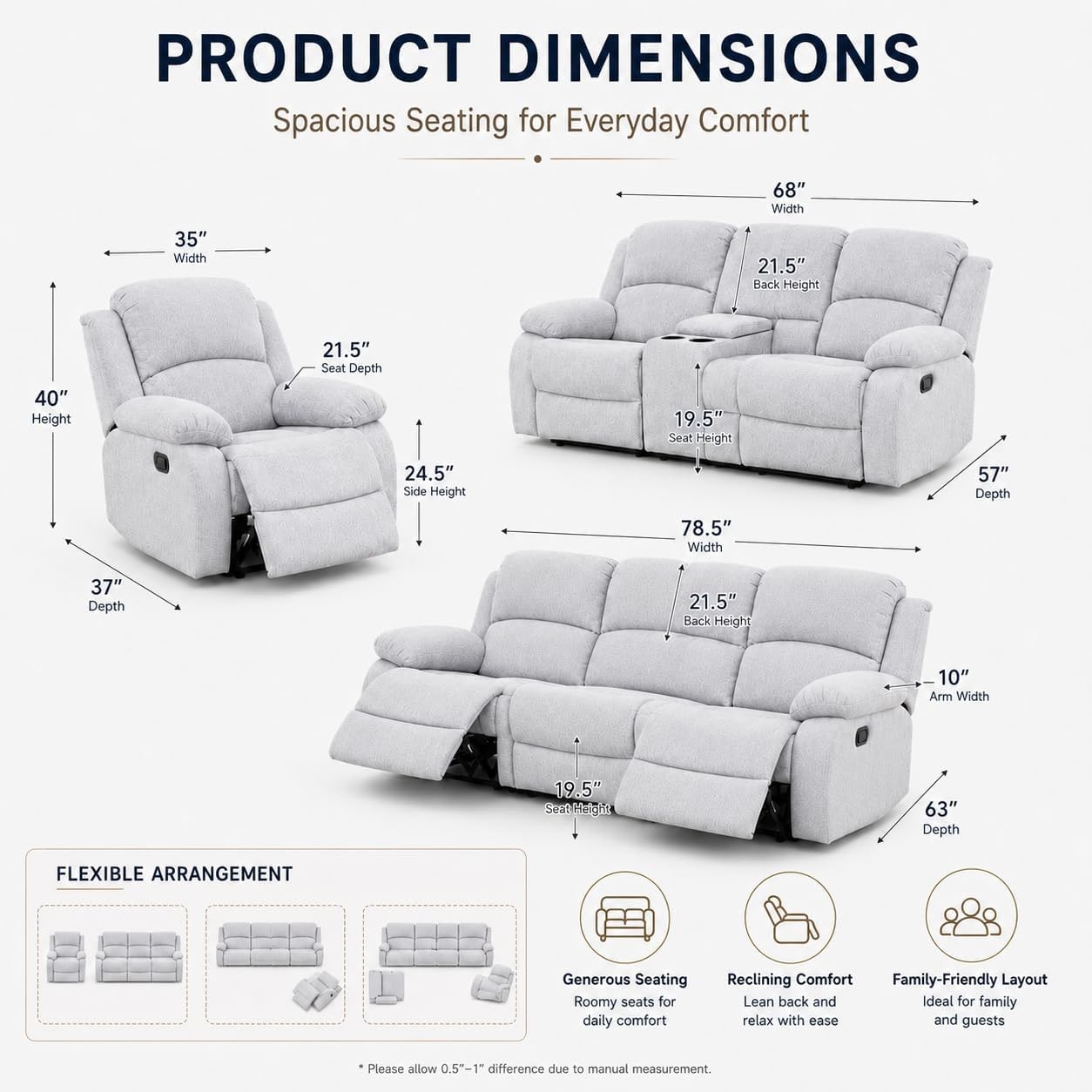 Three-Piece Manual Reclining Sofa Set in Grey and White - Photo 2