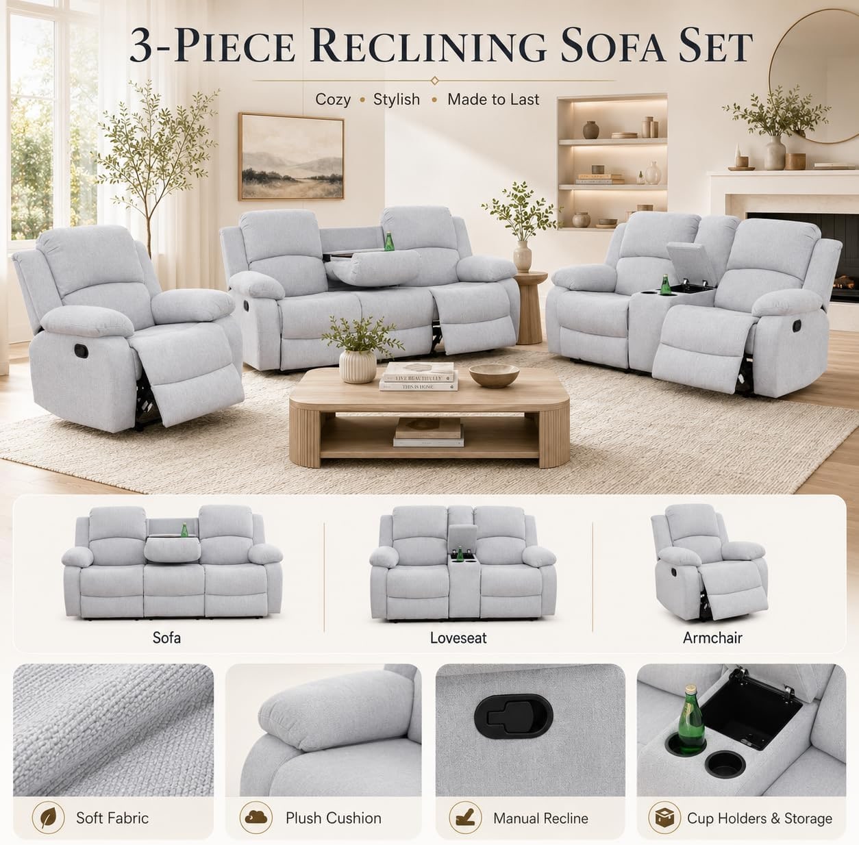 Three-Piece Manual Reclining Sofa Set in Grey and White - Photo 3