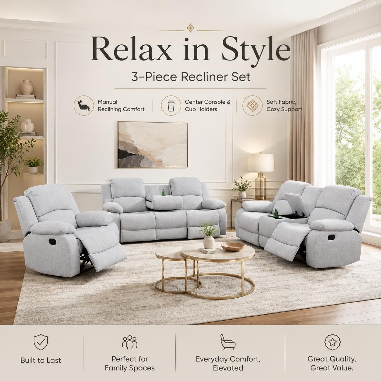 Three-Piece Manual Reclining Sofa Set in Grey and White - Photo 4