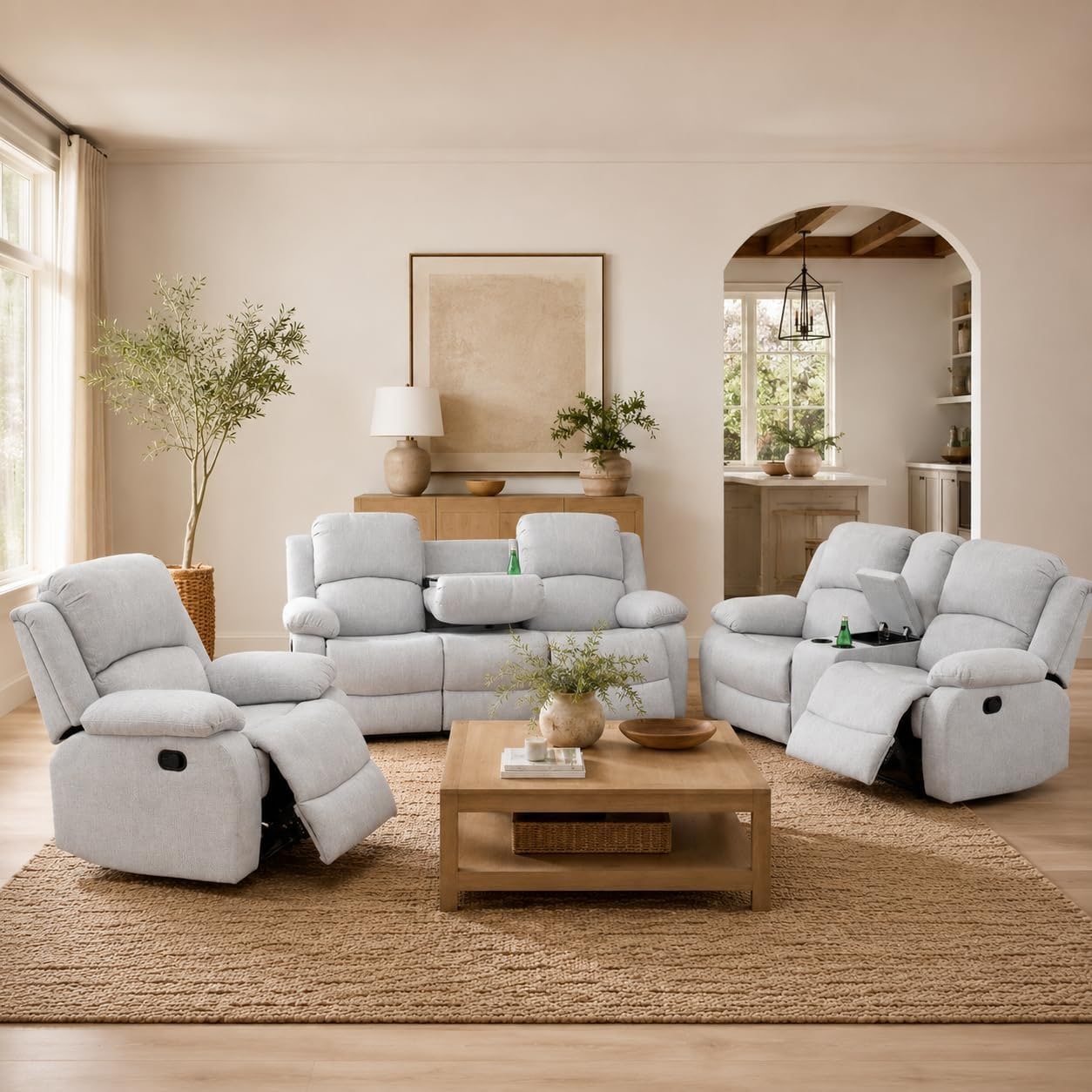 Three-Piece Manual Reclining Sofa Set in Grey and White - Grey White