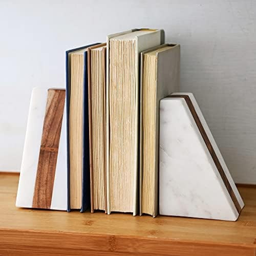Geometric Marble & Wood Inlay Bookends, White - Photo 3