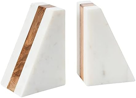 Geometric Marble & Wood Inlay Bookends, White