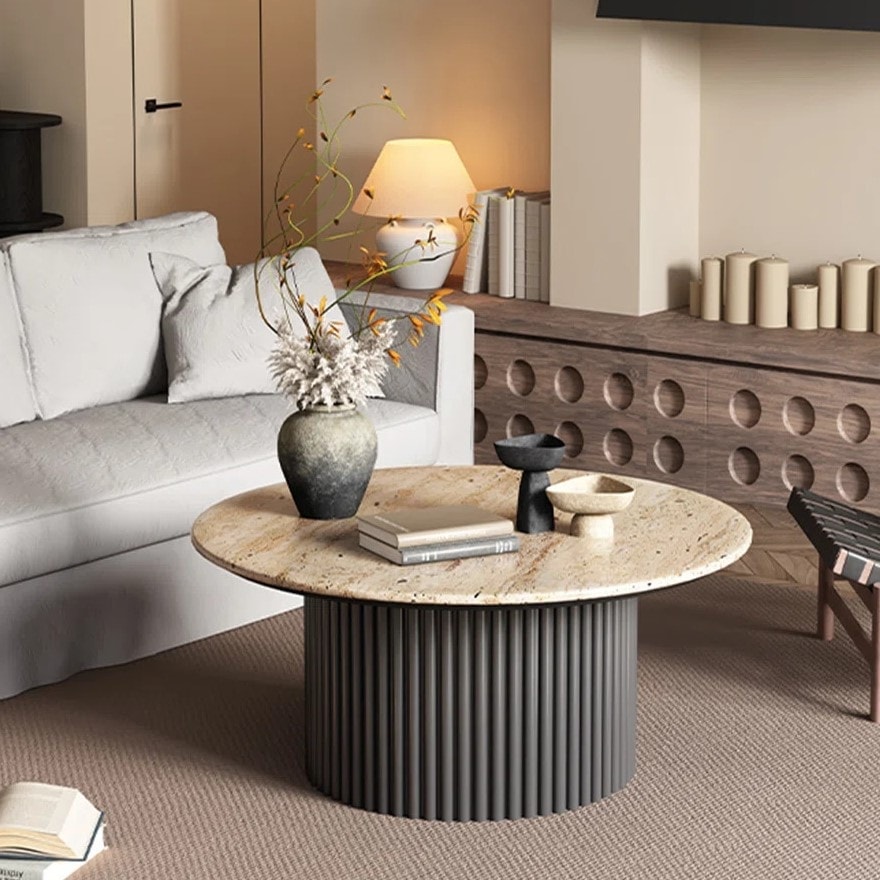 Marble Round Coffee Table - Natural Travertine / Black Base
