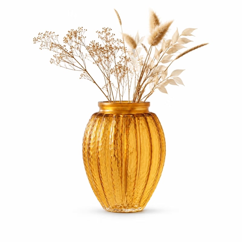 Handcrafted Ribbed Pumpkin Glass Vase - Amber Gold-Rim