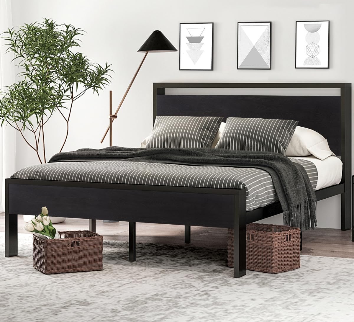 14-Inch Metal Platform Bed with Wood Headboard & Footboard - Black Oak