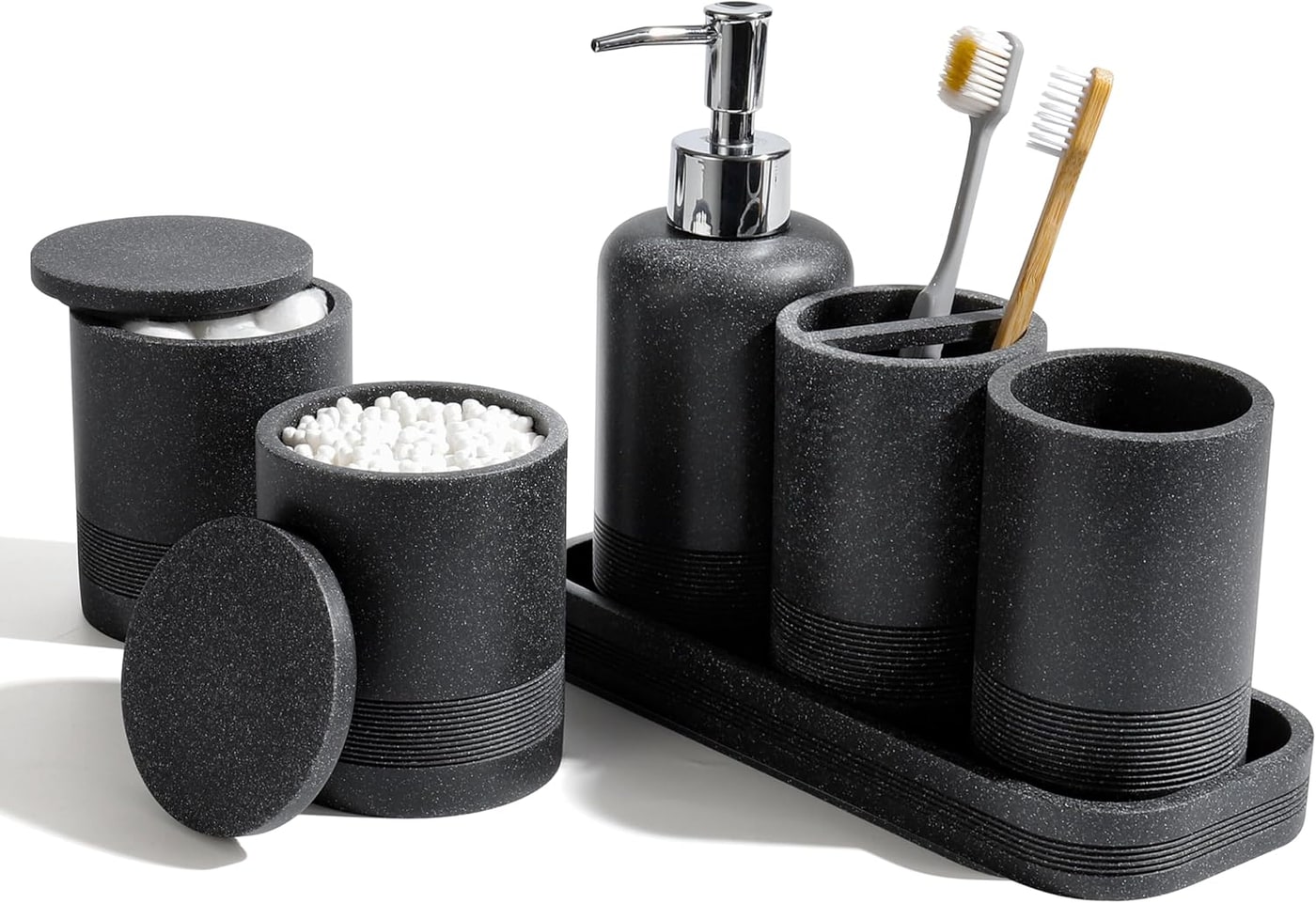 6-Piece Stone-Texture Resin Bathroom Accessory Set - Black