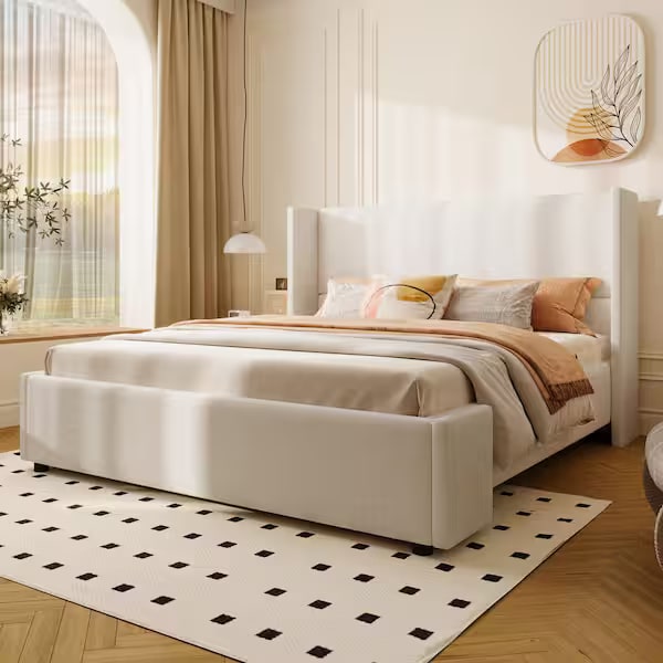 Modern White Wingback Platform Bed