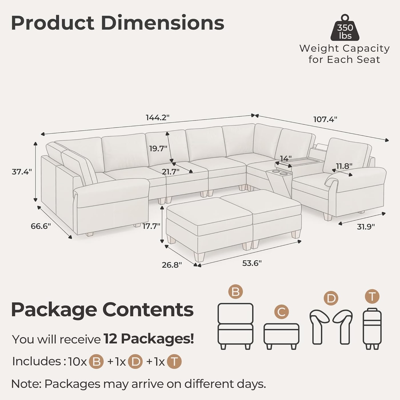 Modular U-Shaped Faux Leather Sectional with Hidden Storage, Greige - Photo 2