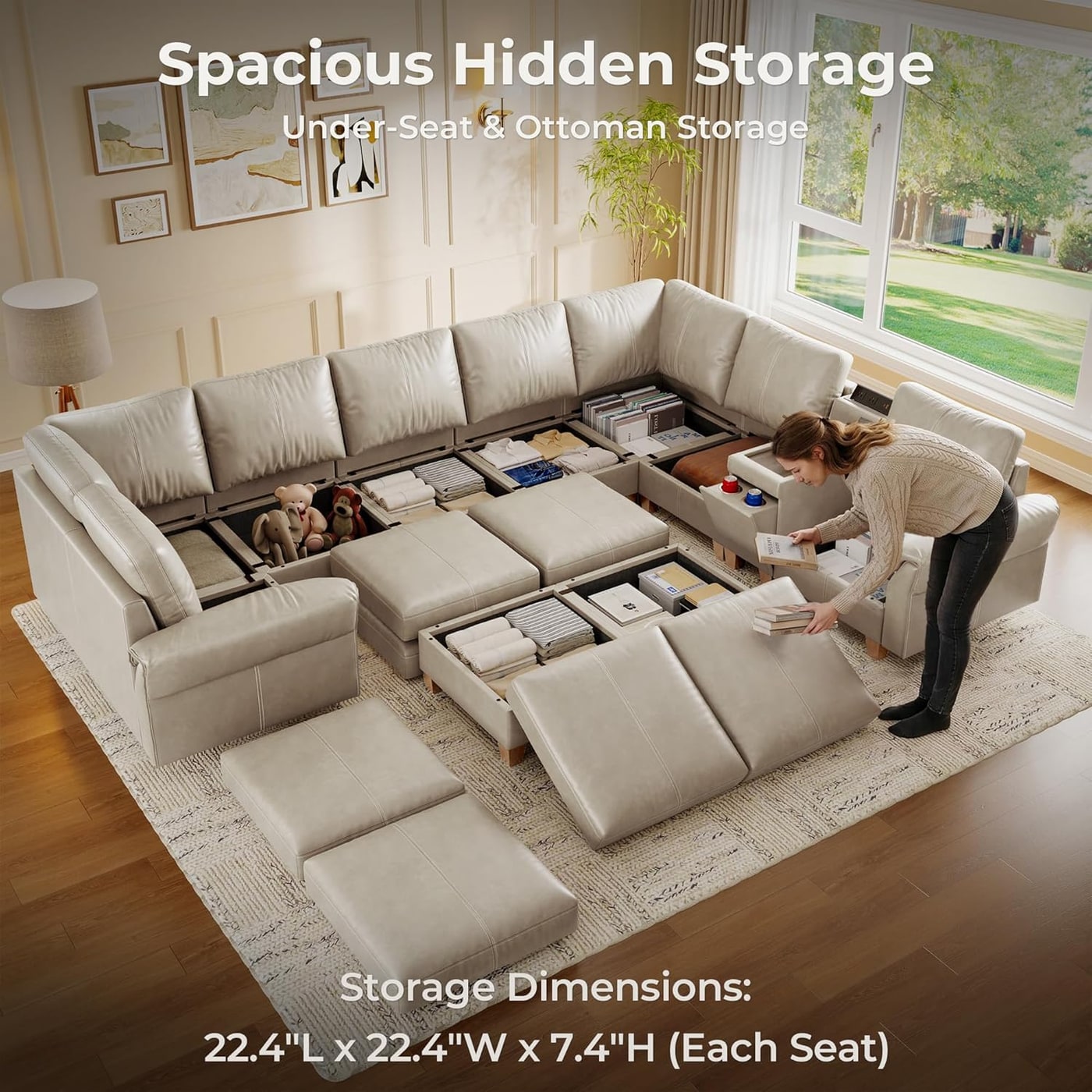 Modular U-Shaped Faux Leather Sectional with Hidden Storage, Greige - Photo 3