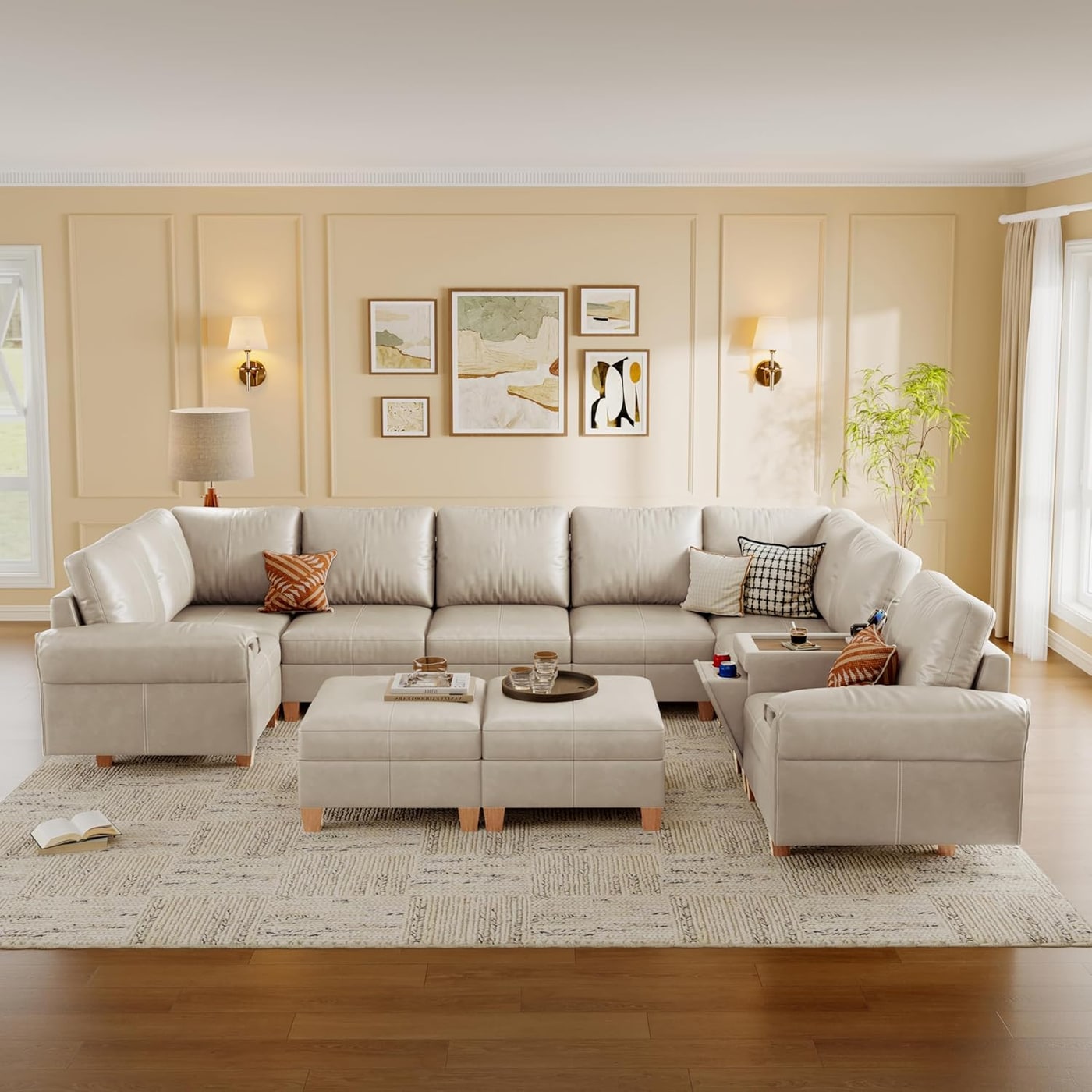 Modular U-Shaped Faux Leather Sectional with Hidden Storage, Greige