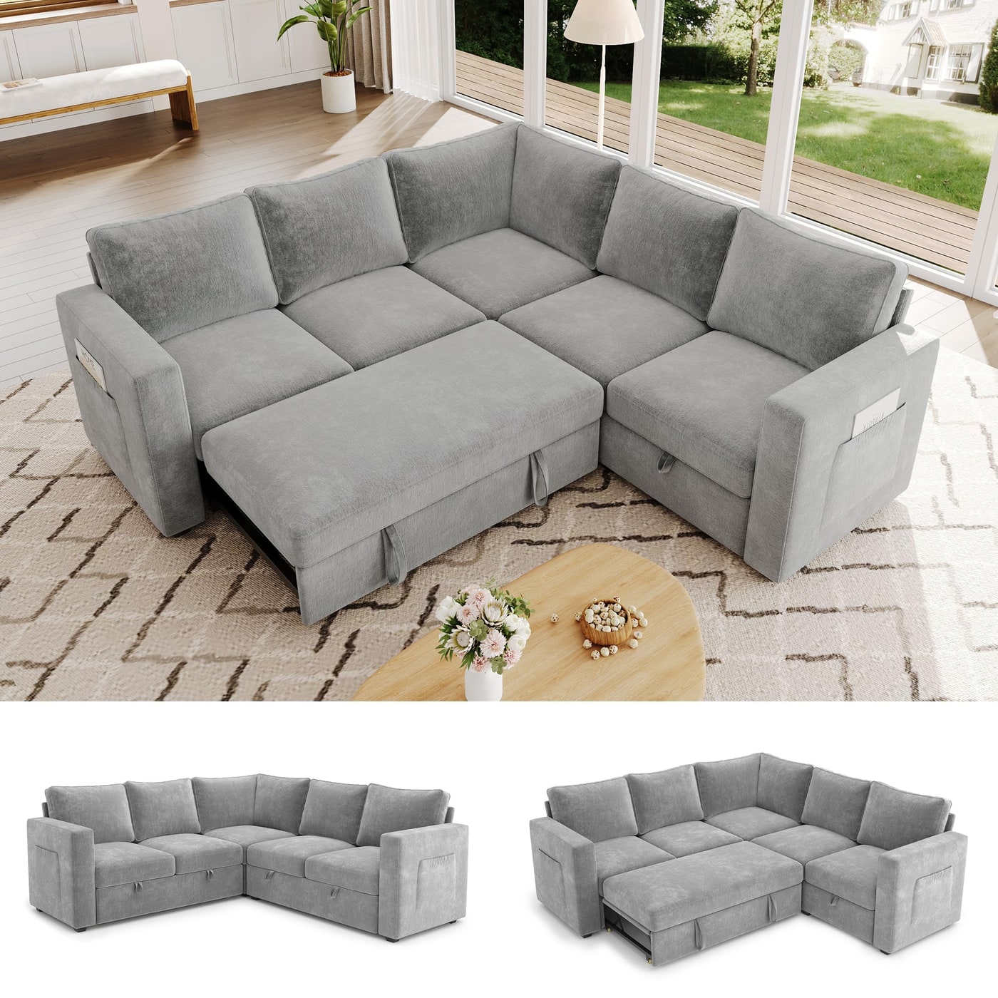 U-Shaped Modular Sleeper Sectional with Pull-Out Bed - Dark Grey