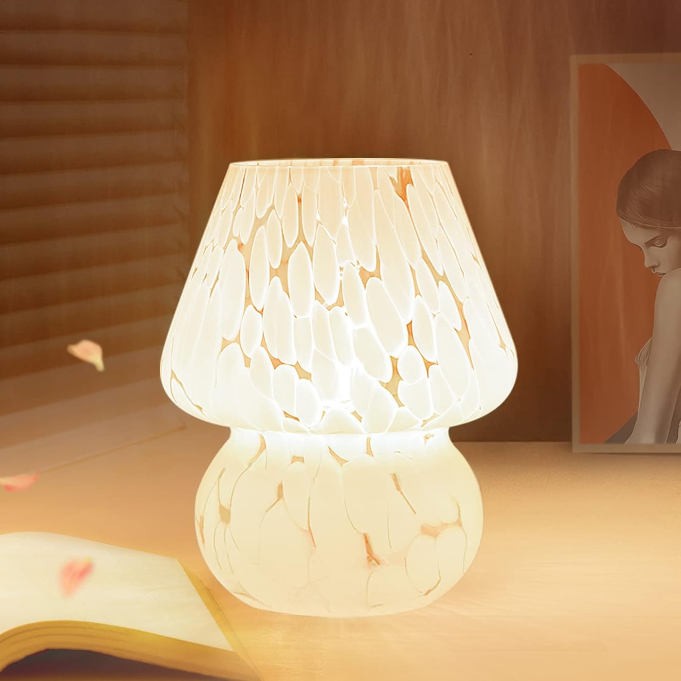 Hand-blown white Murano-style glass mushroom table lamp with subtle white grain pattern on a plain surface