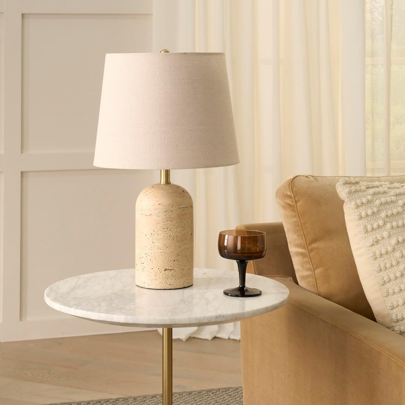 18-Inch Natural Travertine and Brass Accent Table Lamp - Natural Travertine & Brass