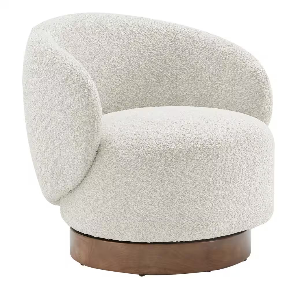 Noah Swivel Barrel Accent Chair in camel performance fabric with a rounded back and wood swivel base