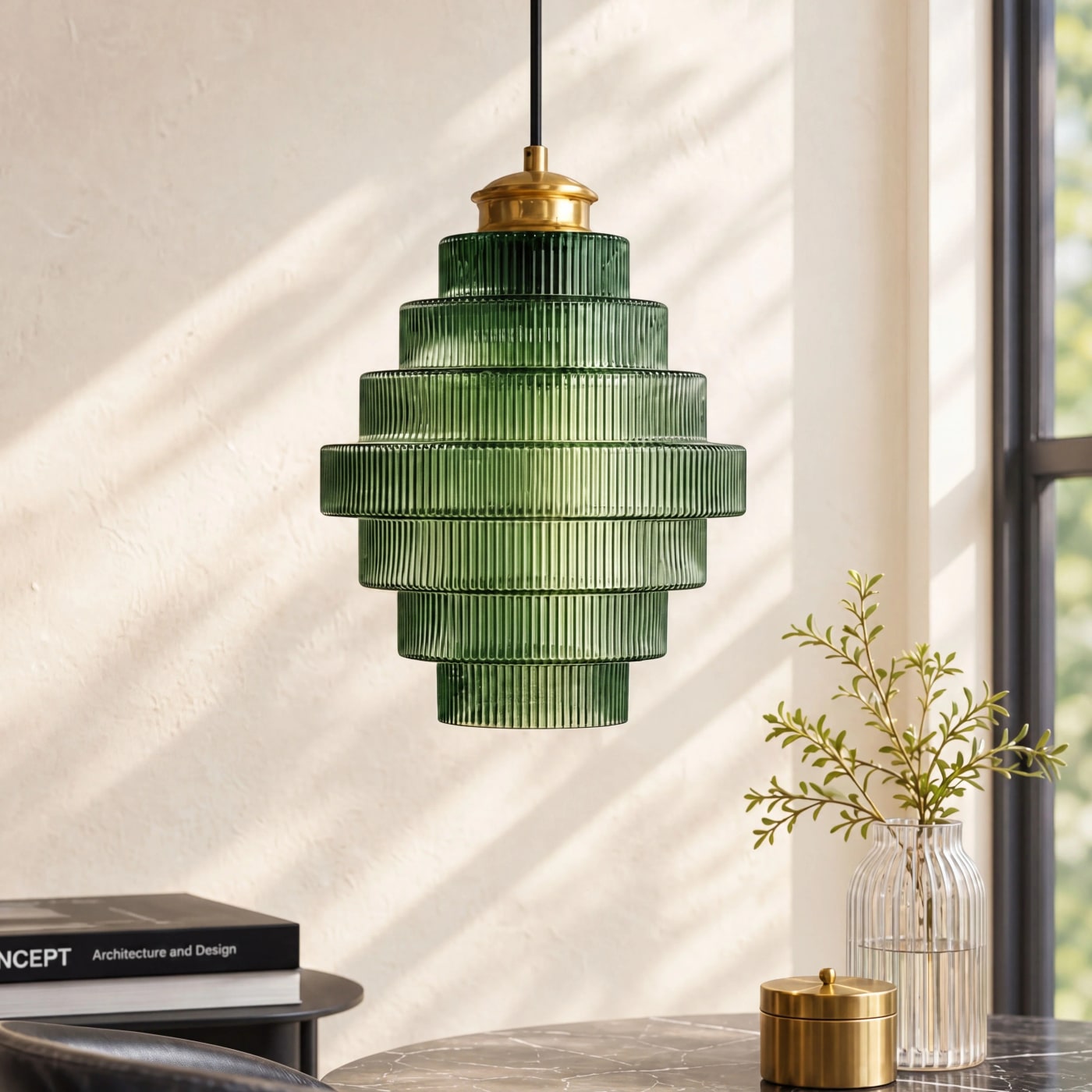Nordic Striped Glass Bottle Pendant Light with ribbed stained glass shade in soft amber, suspended from a metal frame
