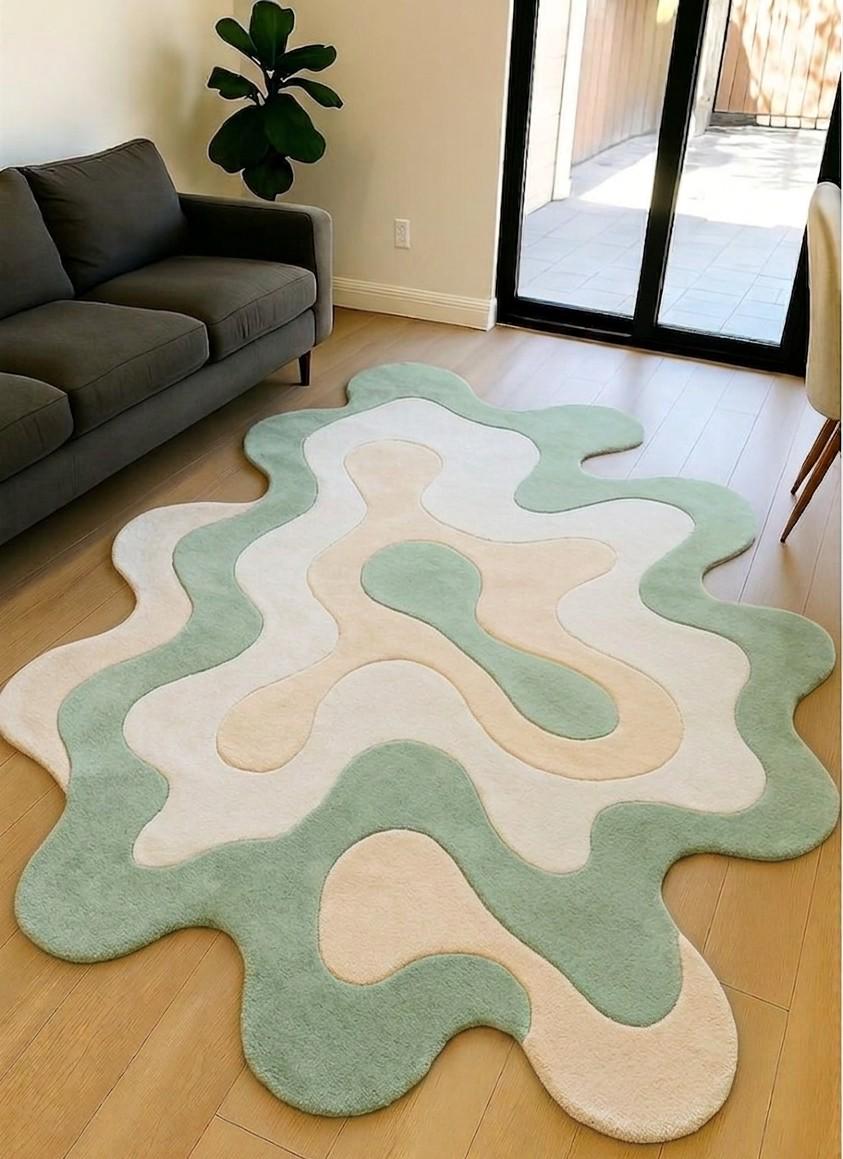Organic Wavy Wool Area Rug in Sage Green and Cream - Photo 4