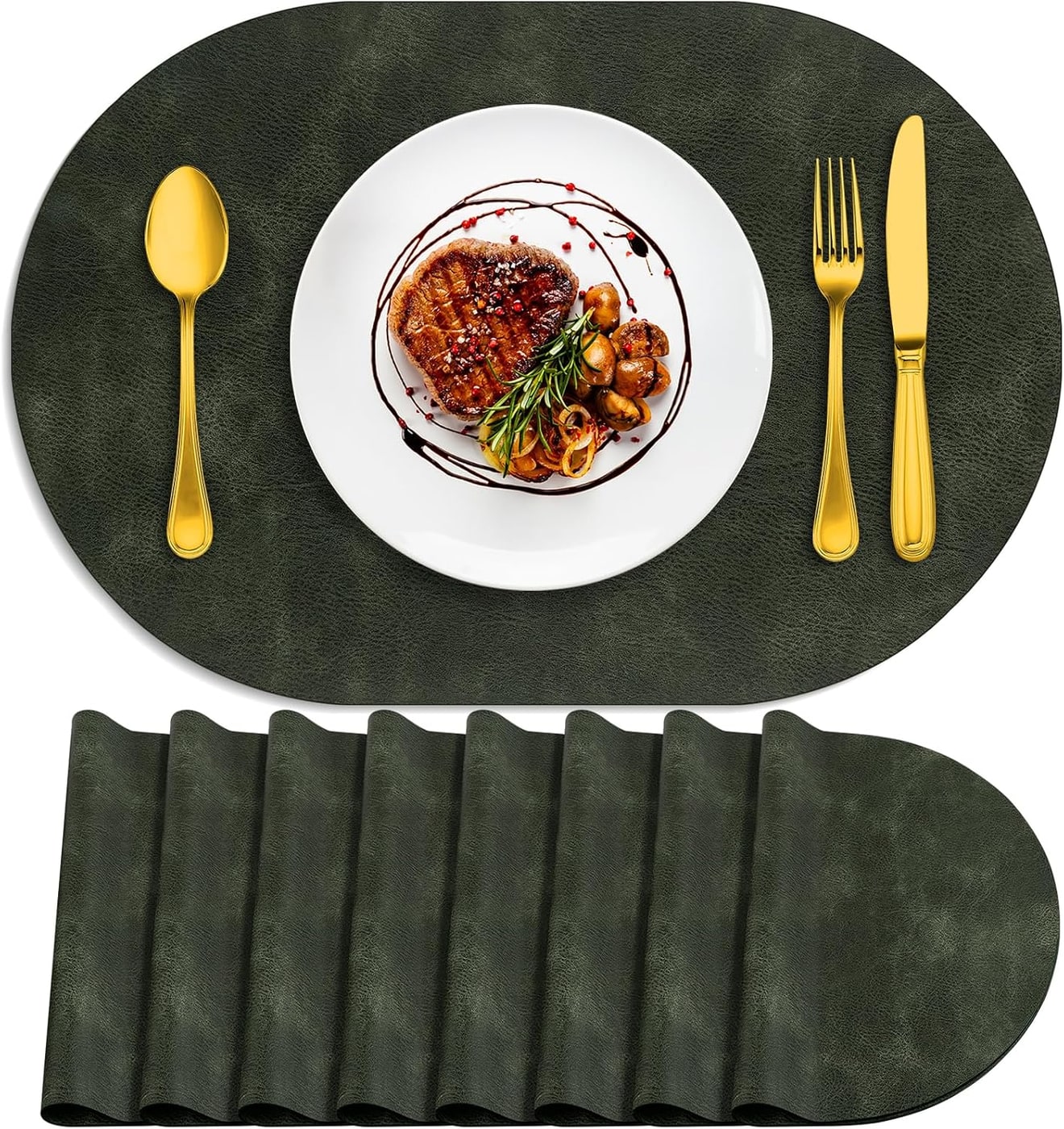 Set of eight oval faux leather placemats with textured surface, arranged on a table