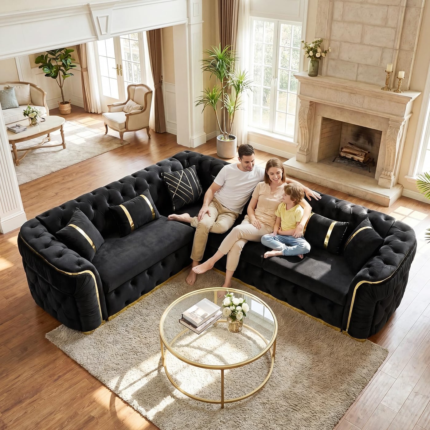 Oversized Black Velvet Chesterfield L-Shaped Sectional - Photo 2