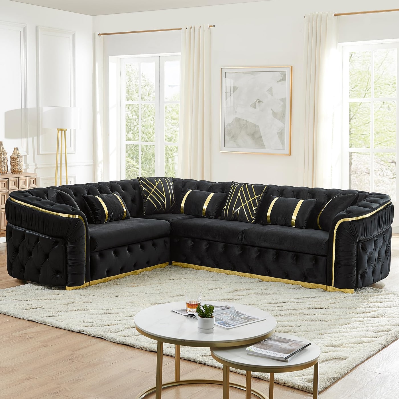 Oversized Black Velvet Chesterfield L-Shaped Sectional - Photo 4
