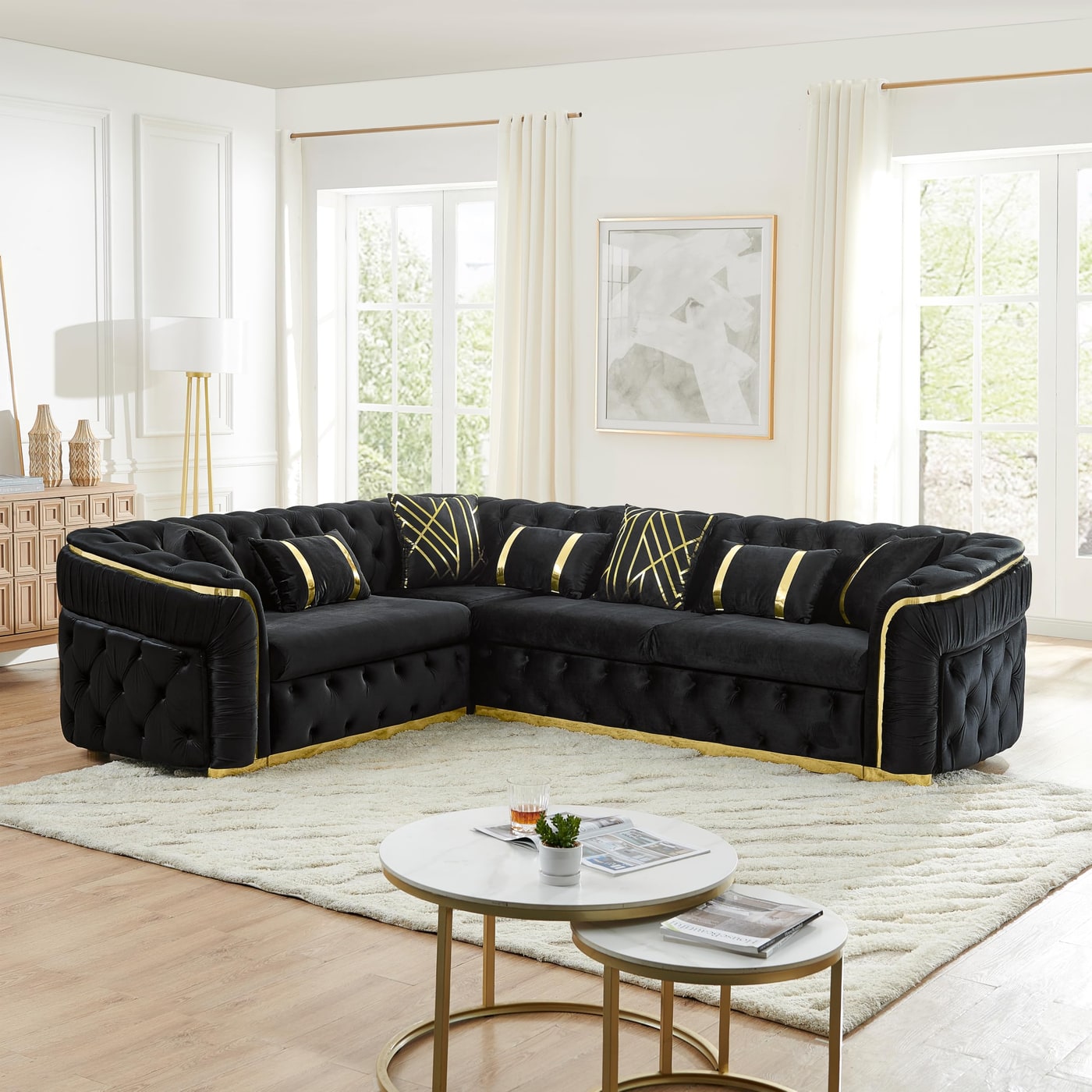 Oversized Black Velvet Chesterfield L-Shaped Sectional - Black