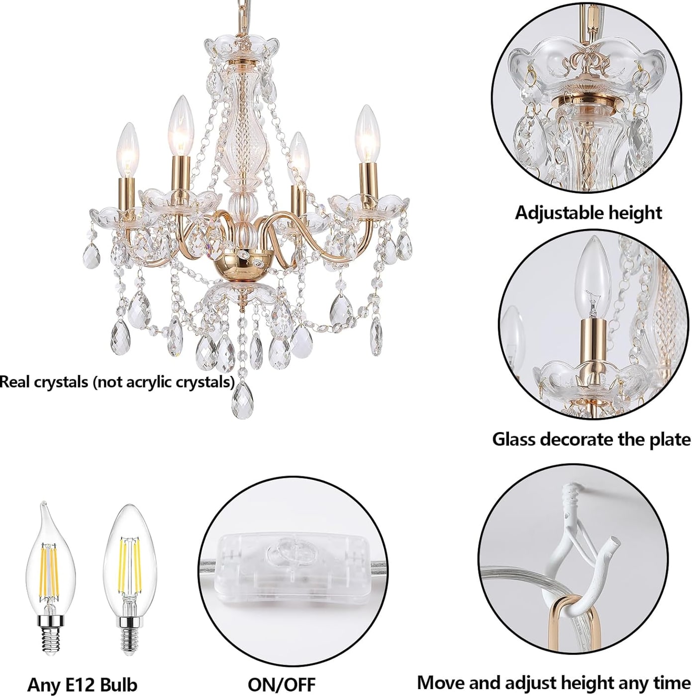 French Country Gold Crystal Plug-In Chandelier, 4-Light - Photo 2