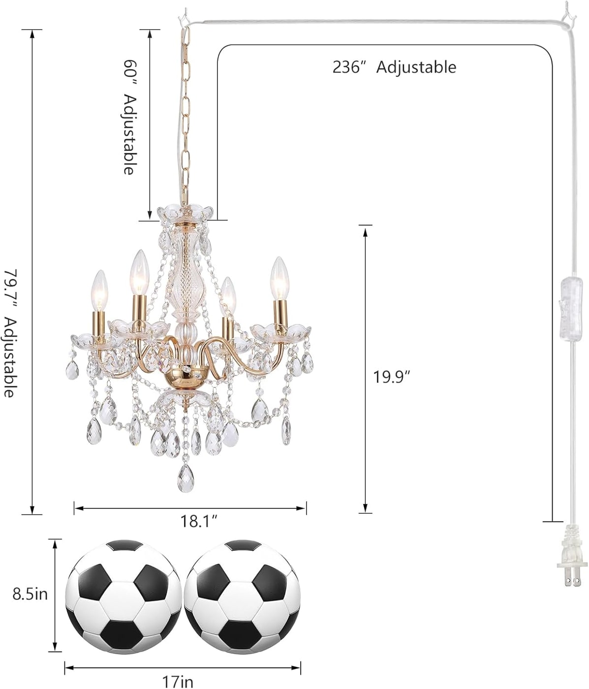 French Country Gold Crystal Plug-In Chandelier, 4-Light - Photo 3