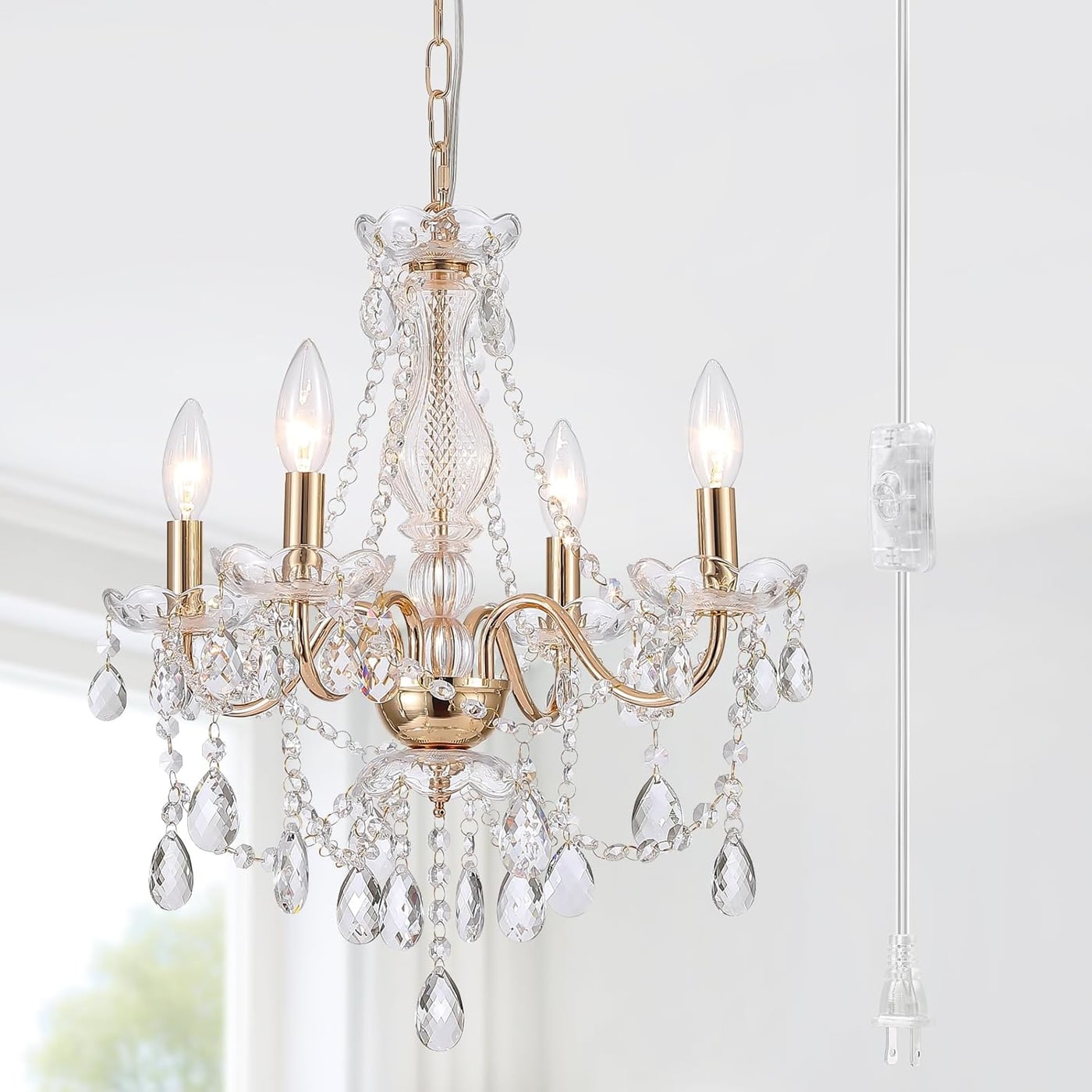French Country Gold Crystal Plug-In Chandelier, 4-Light - Plug-In Gold