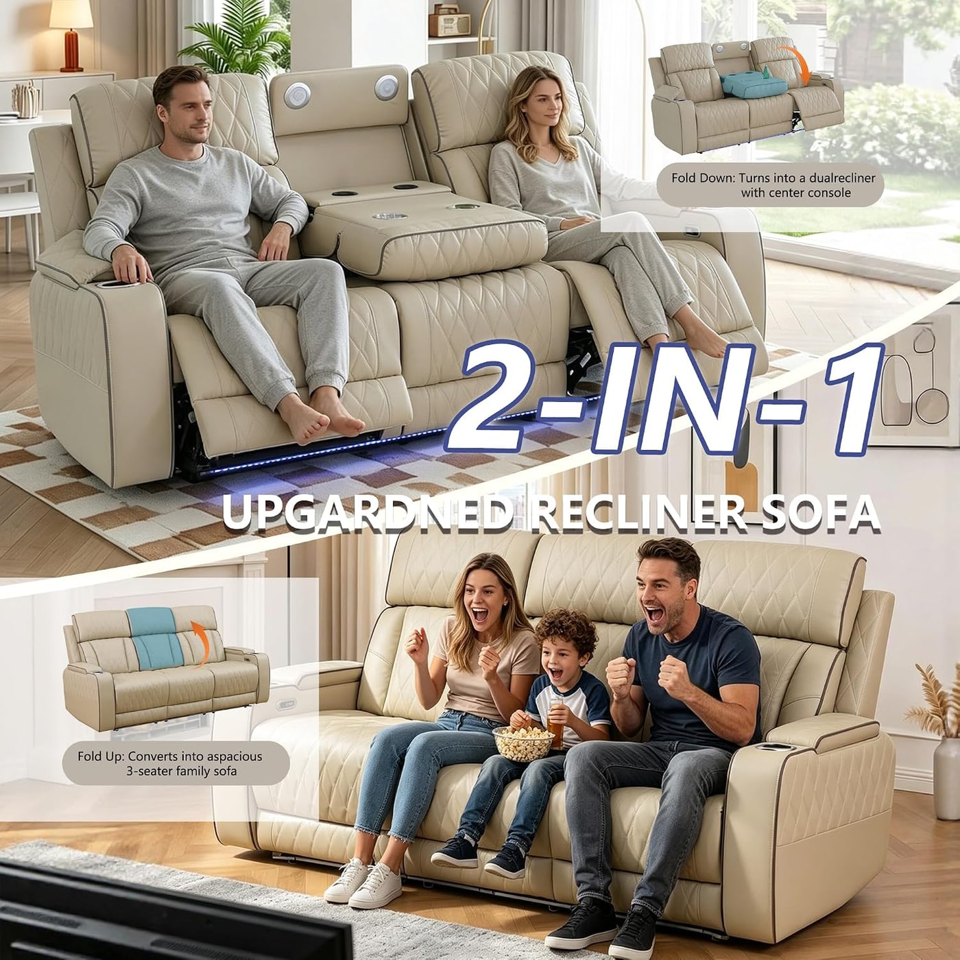 Power Reclining Leather Home Theater Sofa Set - Photo 4